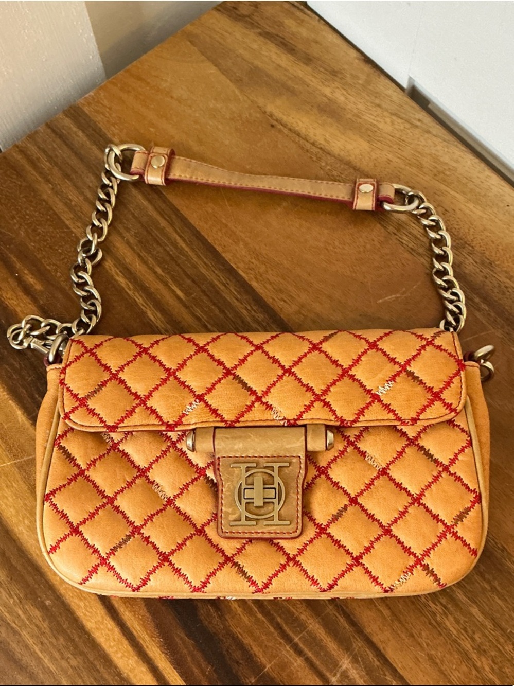 Olivia Harris Tan / Camel Shoulder Bag with Red Quilting